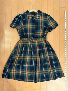 Liza Luxe Plaid Fit & Flare Shirt Dress w/ Belt | Large | Green & Navy